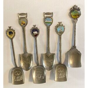 6 Souvenir Spoon Shovel style Enamel State Crest Embossed Bowl Vintage Travel